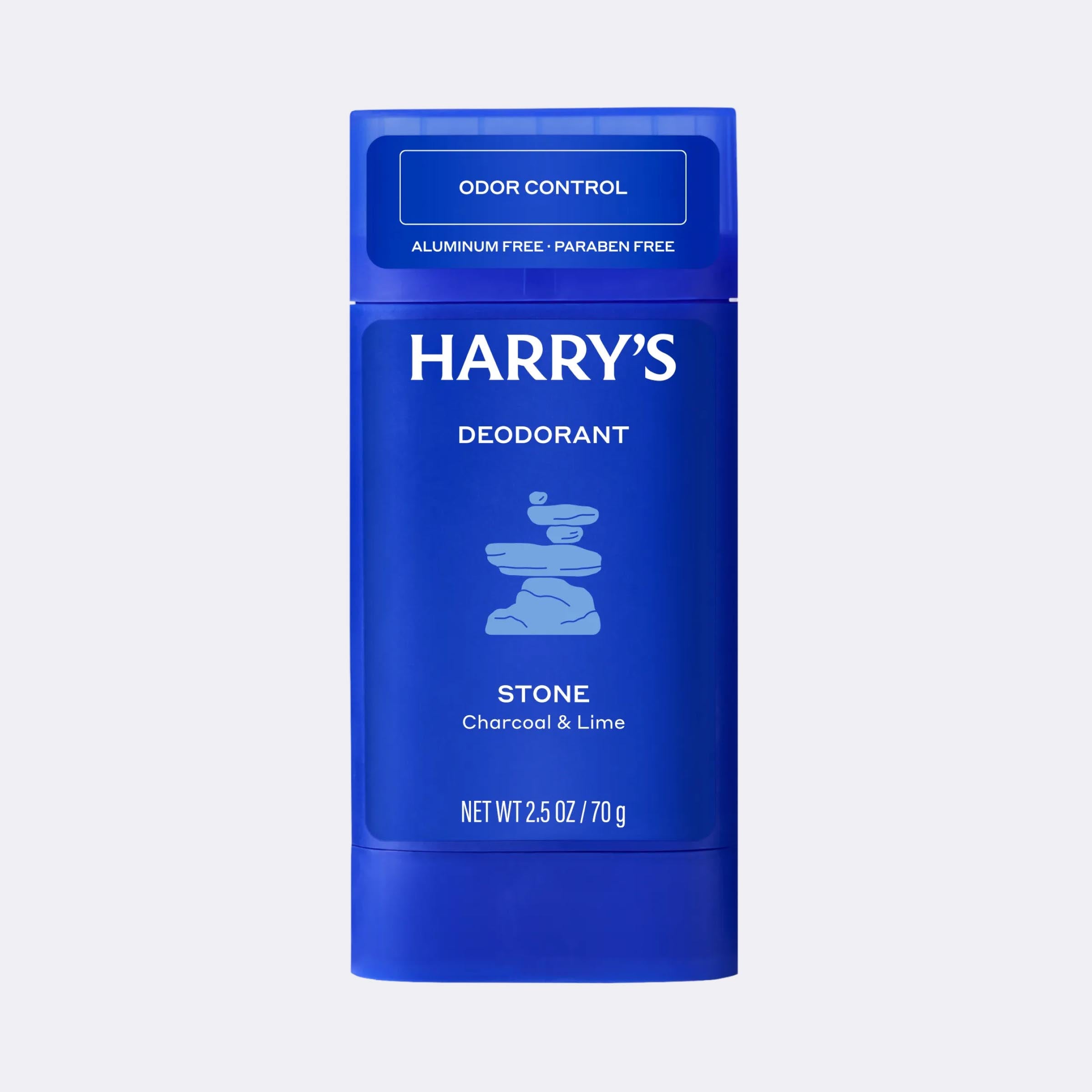 Blue deodorant stick with 'Harry's' branding on a light gray background