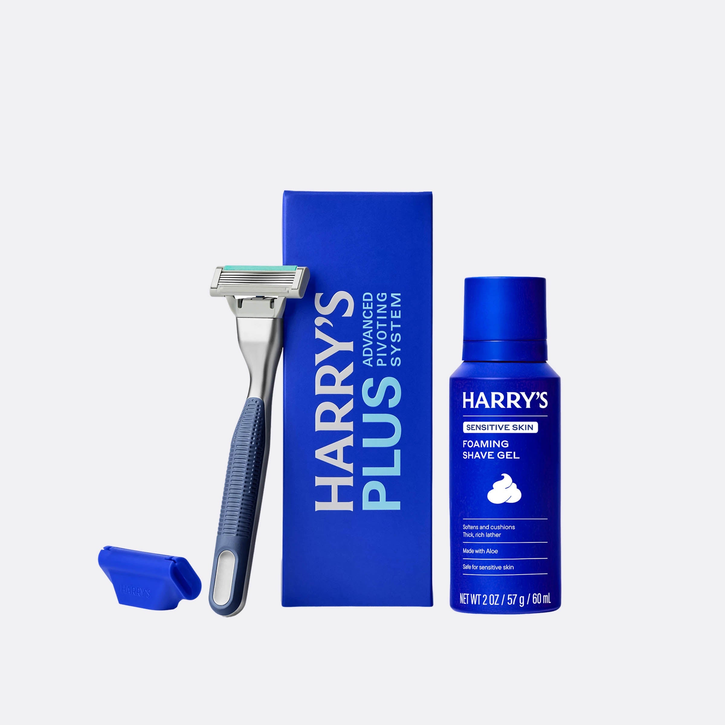 Harry's shaving product set including a razor, box, and shave gel on a white background
