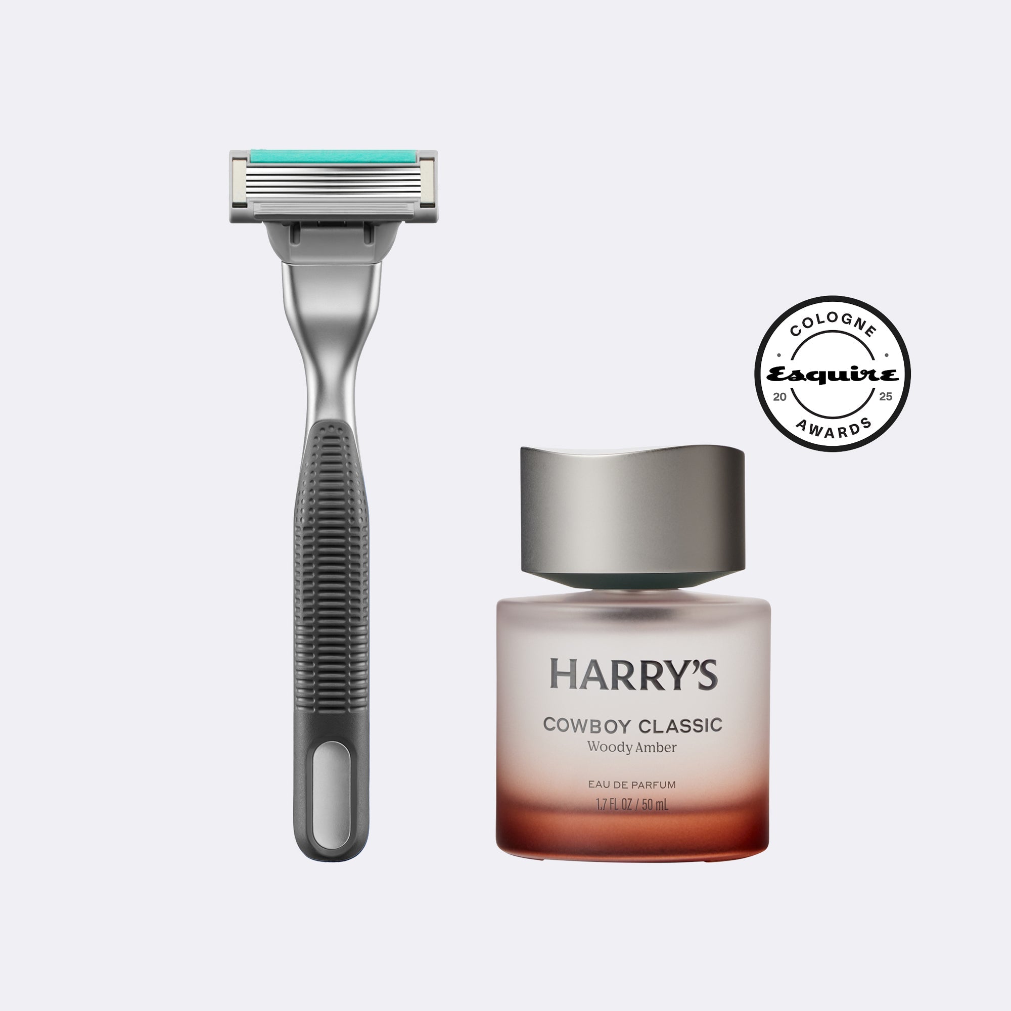 Shaving razor and Harry's cowboy classic perfume bottle on a white background with Esquire award logo.