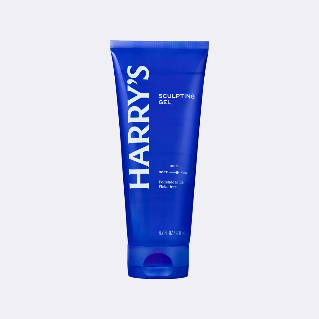Blue tube of Harry's sculpting gel on a light gray background